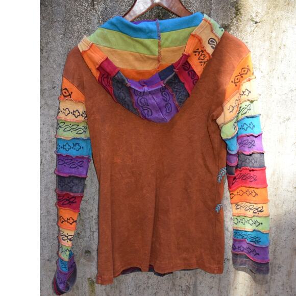 Rising International Rainbow Patchwork Hoodie Jacket Women’s Small Boho Festival - Picture 5 of 5